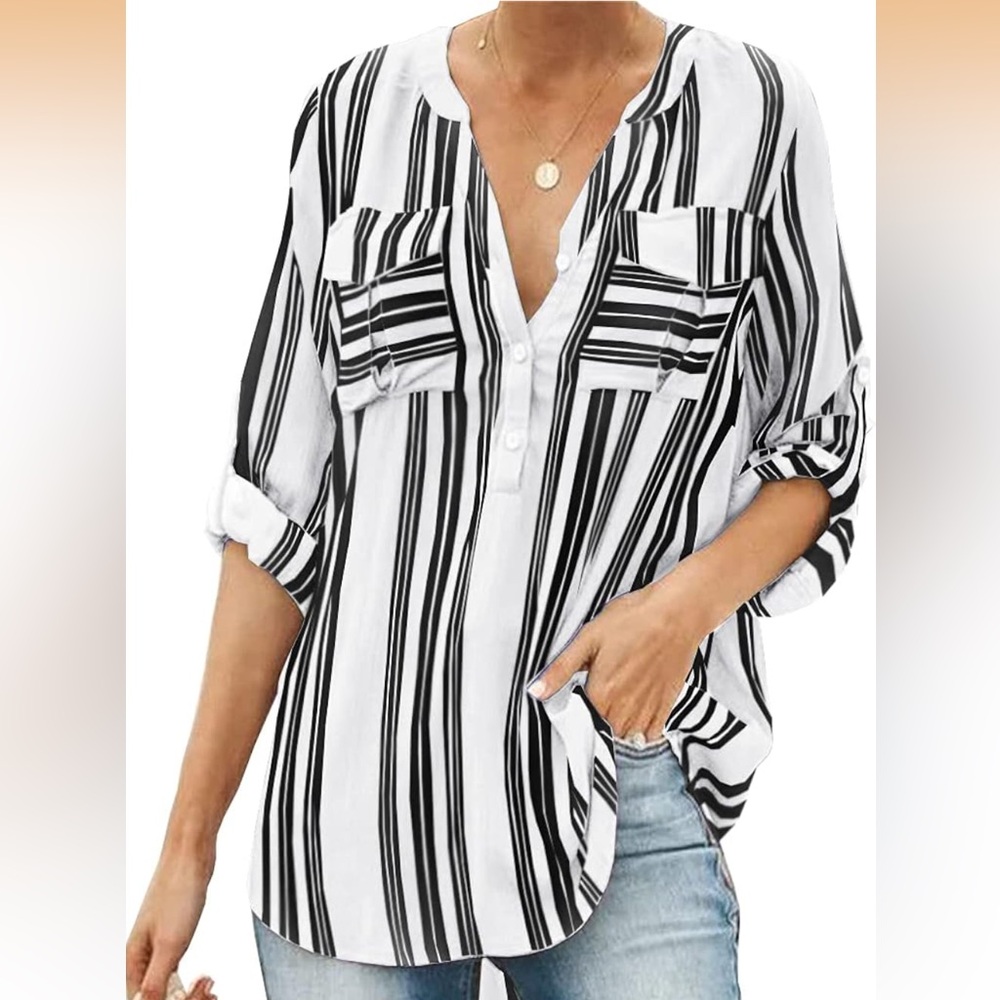 Top Shirt Stripes Lightweight Buttons Long Sleeves 3/4 Sleeves Roll-Up Cuffs 2XL - Picture 3 of 12